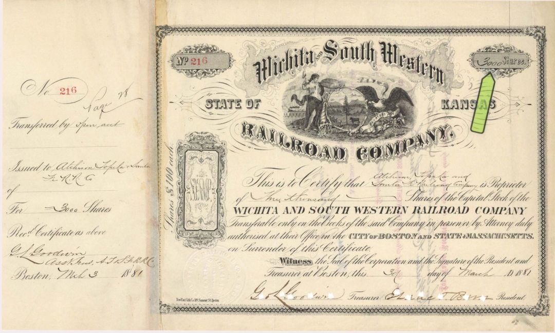 Wichita and South Western Railroad Co. - 1881 dated High Denomination Stock Certificate