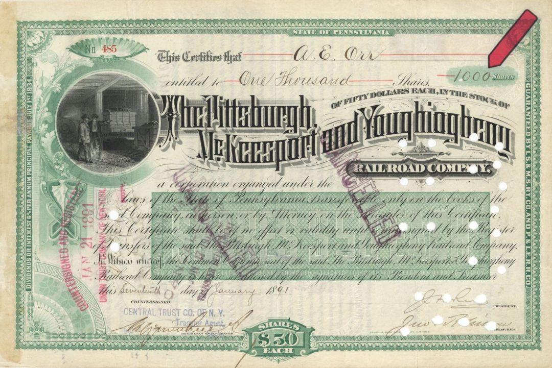 Pittsburgh, McKeesport and Youghiogheny Railroad Co. - 1891 dated High Denomination Railway Stock Certificate