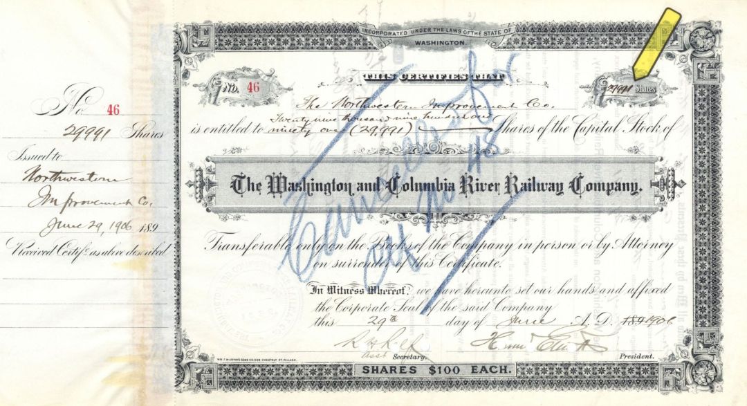 Washington and Columbia River Railway Co. - 1906 dated High Denomination Railway Stock Certificate