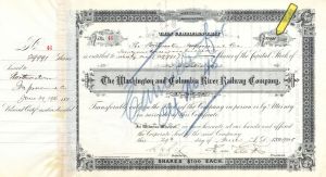 Washington and Columbia River Railway Co. - 1906 dated High Denomination Railway Stock Certificate