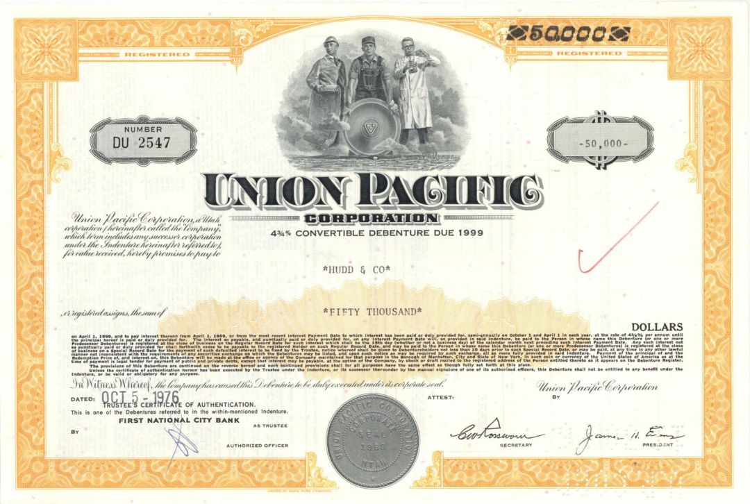 Union Pacific Corporation - 1970's dated High Denomination Railroad Bond - $50,000