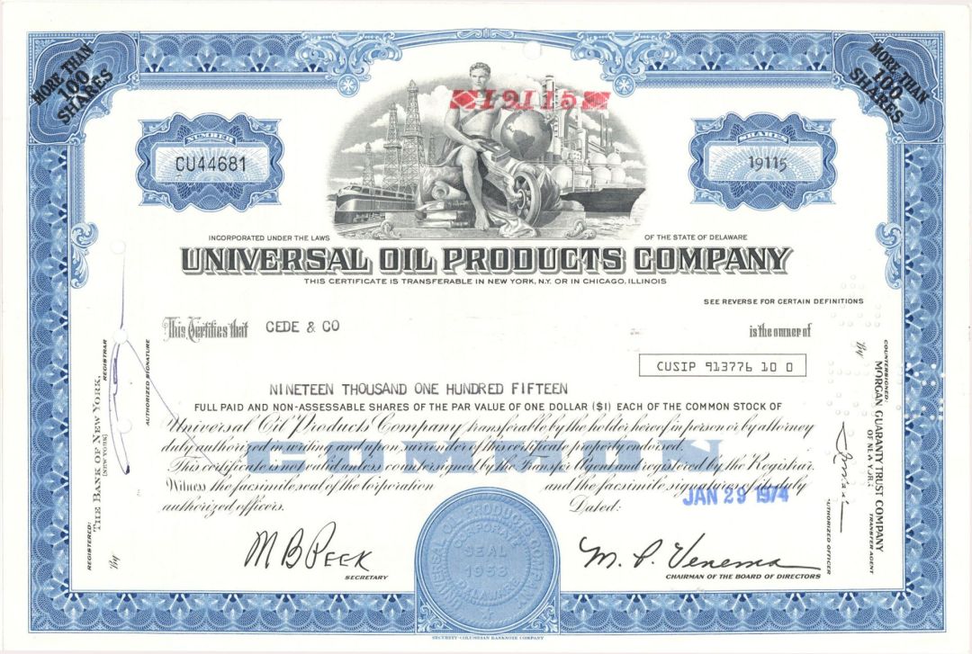 Universal Oil Products Co. - High Denomination 1970's dated Stock Certificate - Honeywell UOP