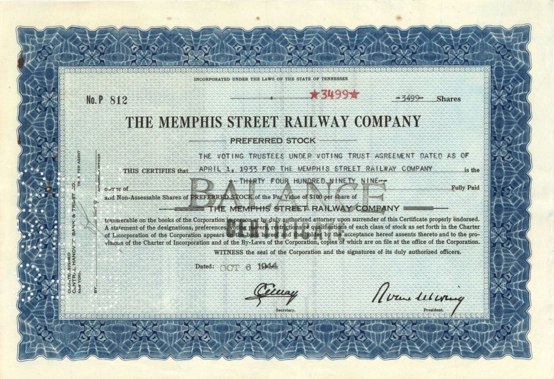 3,499 shares Memphis Street Railway Co. - 1944 dated Stock Certificate