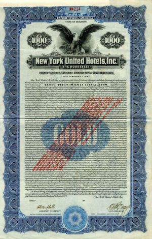 New York United Hotels, Inc. (The Roosevelt) - $1,000 Bond
