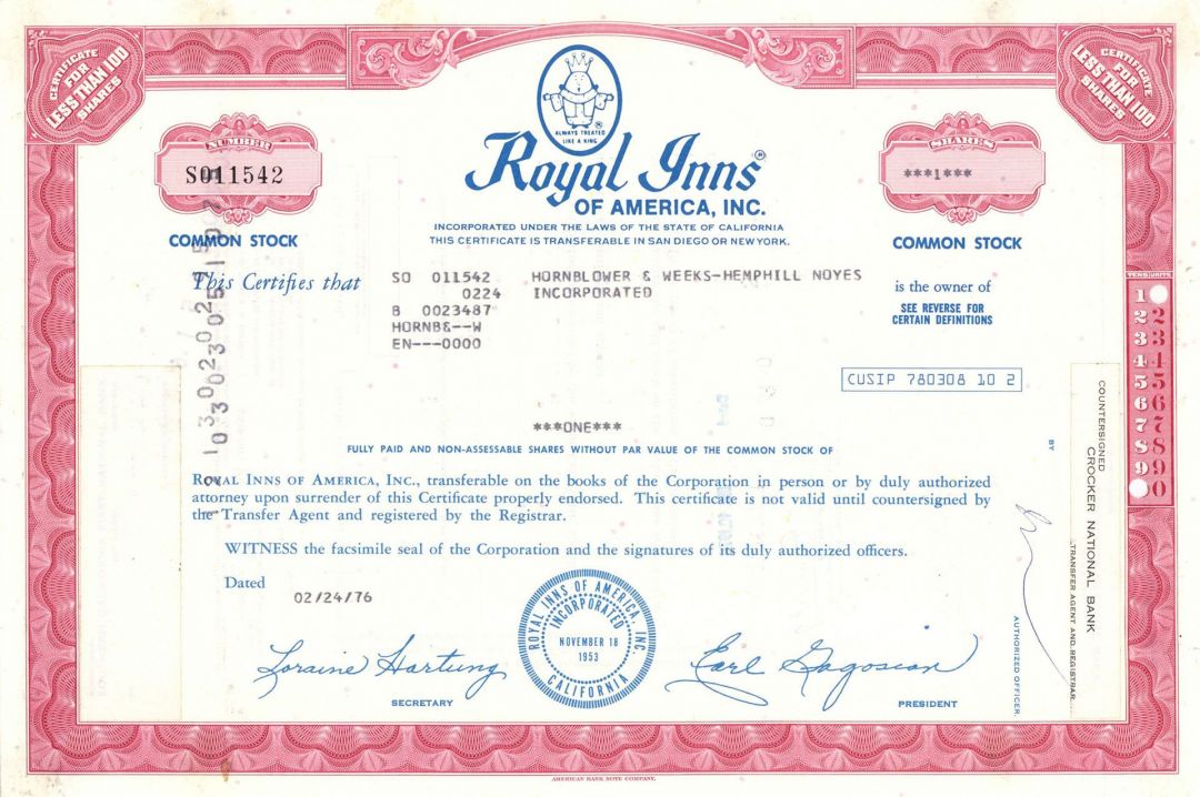Royal Inns of America, Inc. -  Stock Certificate
