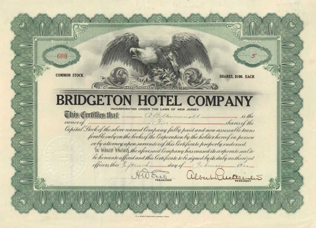 Bridgeton Hotel Co. - 1922 dated Stock Certificate