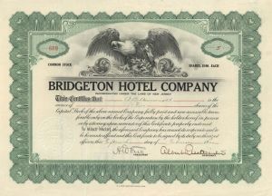 Bridgeton Hotel Co. - 1922 dated Stock Certificate