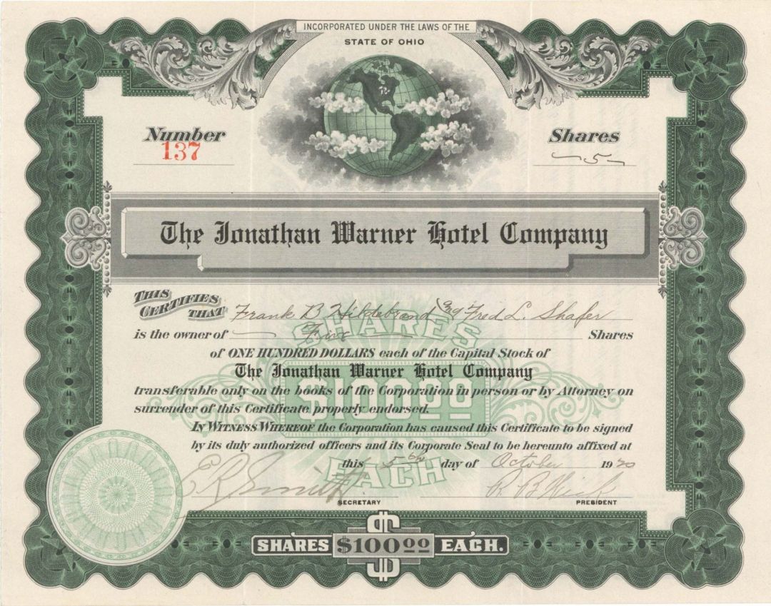 Jonathan Warner Hotel Co. - 1920 dated Stock Certificate
