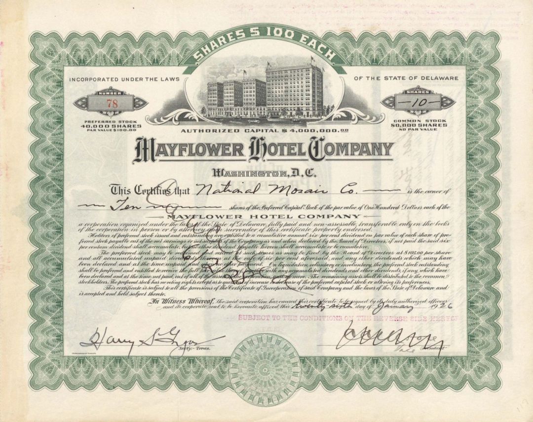 Mayflower Hotel Co. - 1926 dated Stock Certificate