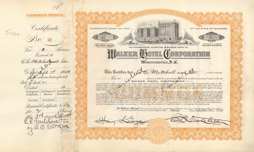 Walker Hotel Corp. - 1924 dated Stock Certificate
