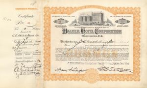 Walker Hotel Corp. - 1924 dated Stock Certificate