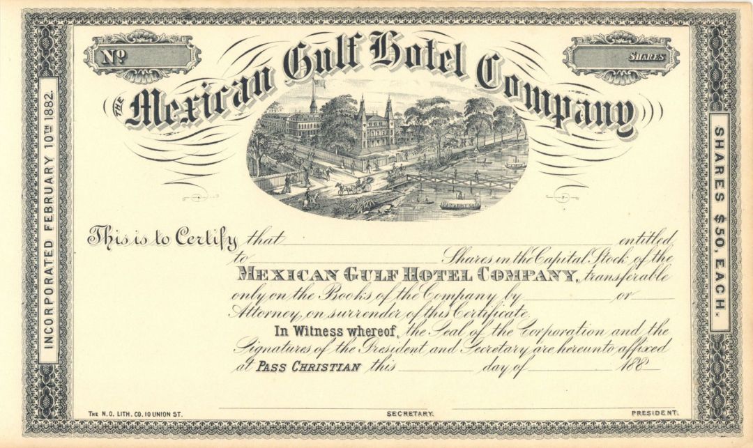Mexican Gulf Hotel Co. - Unissued Stock Certificate