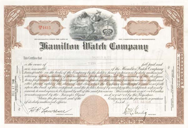 Hamilton Watch Co - Stock Certificate