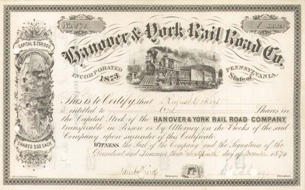 Hanover and York Railroad - Stock Certificate