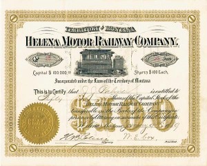 Helena Motor Railway - Stock Certificate (Uncanceled)