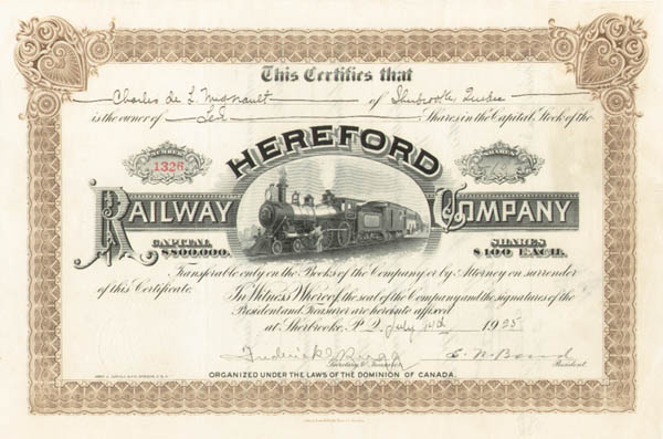 Hereford Railway - Sherbrooke, Quebec-Canada - Stock Certificate (Uncanceled)