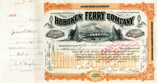 Hoboken Ferry signed by Garret A. Hobart - 1897 dated Stock Certificate