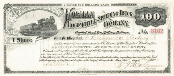 Holman Locomotive Speeding Truck- Stock Certificate