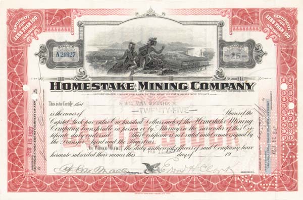 Edward Hardy Clark - Homestake Mining Co - 1920's dated Autograph Mining Stock Certificate
