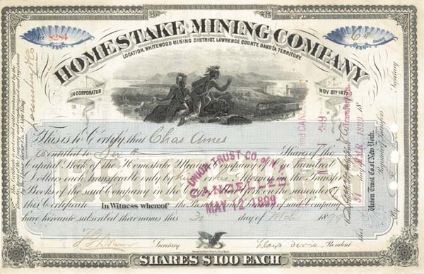 Lloyd Tevis signed Homestake Mining Co. - Stock Certificate (Uncanceled)