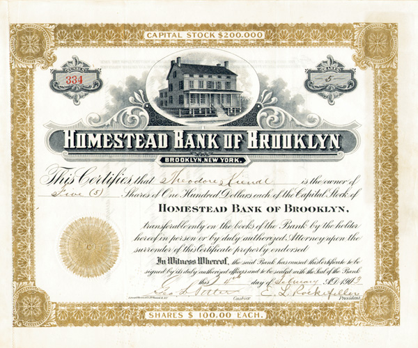 E. L. Rockefeller - Homestead Bank of Brooklyn - Stock Certificate