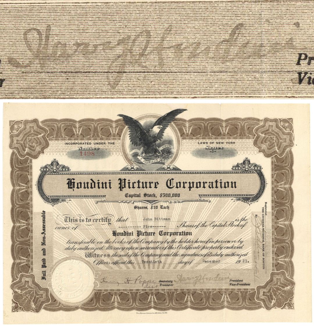 Houdini Picture Corporation Stock Certificate - 1921 dated Autograph Stock Certificate signed by Harry Houdini
