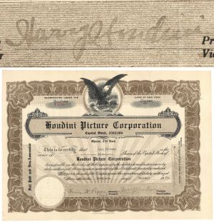 Houdini Picture Corporation Stock Certificate - 1921 dated Autograph Stock Certificate signed by Harry Houdini