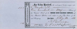 Issued to Commodore Cornelius Vanderbilt - Hudson River Railroad - Stock Certificate