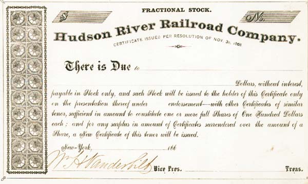 William H. Vanderbilt - Hudson River Railroad - Stock Certificate (Uncanceled)