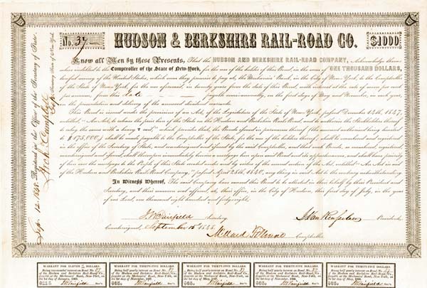 President Millard Fillmore - Hudson and Berkshire Railroad $1,000 Bond signed by New York State Comptroller and Future President Millard Fillmore