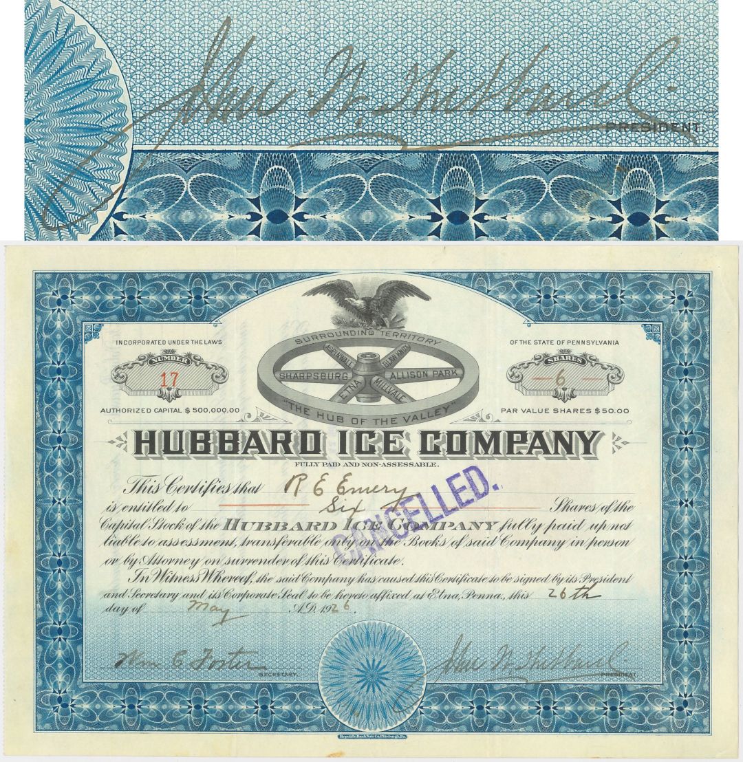 Hubbard Ice Co. - Signed by John Hubbard - 1920's dated Pennsylvania Ice Stock Certificate