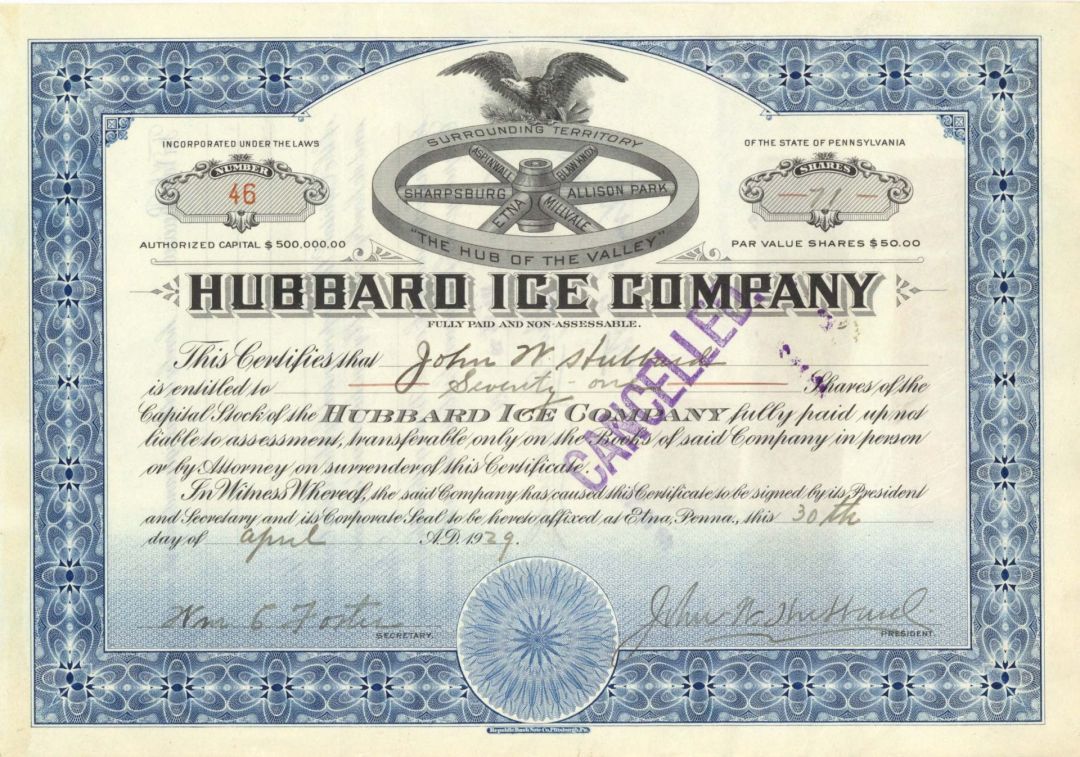 Hubbard Ice Co. - 1926 or 1929 dated Stock Certificate