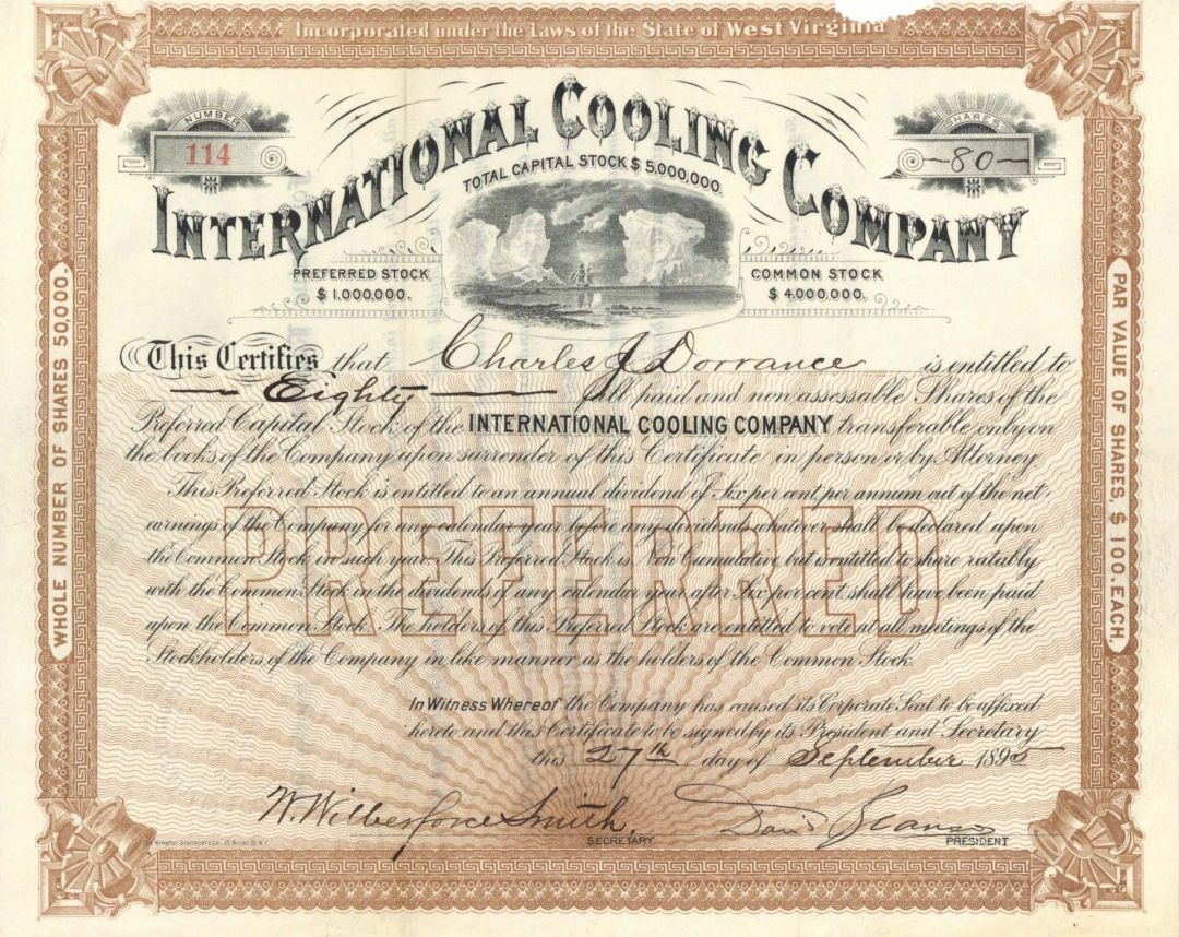 International Cooling Co. - 1895 dated Stock Certificate