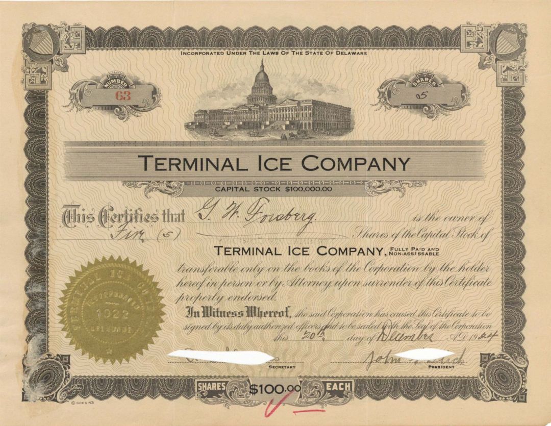 Terminal Ice Co. - 1924 dated Stock Certificate