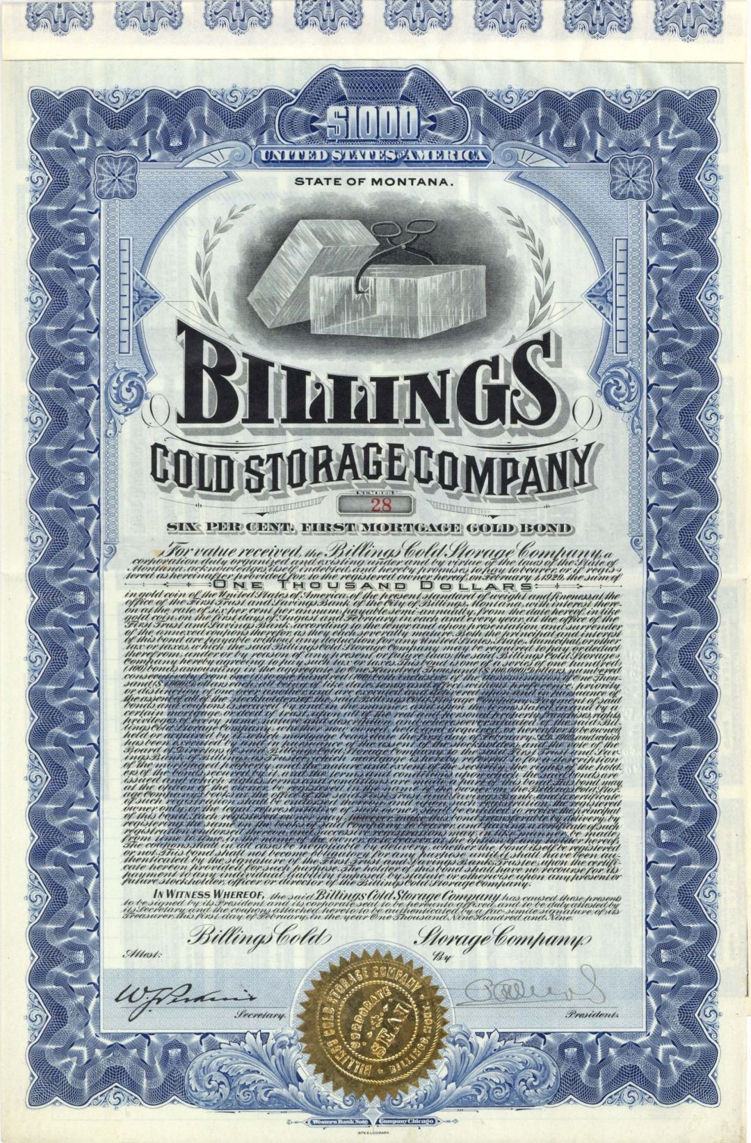 Billings Cold Storage Co. - 1909 dated $1,000 Bond