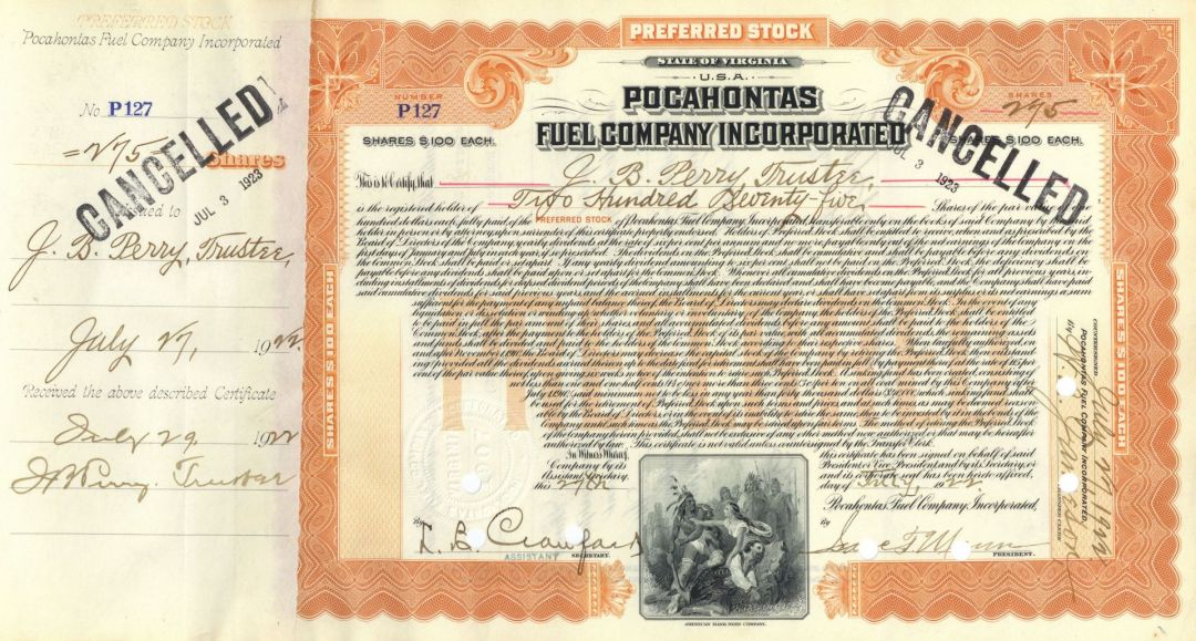 Pocahontas Fuel Co. Inc. - 1920's dated Virginia Coal Stock Certificate - Beautiful Indian Vignette