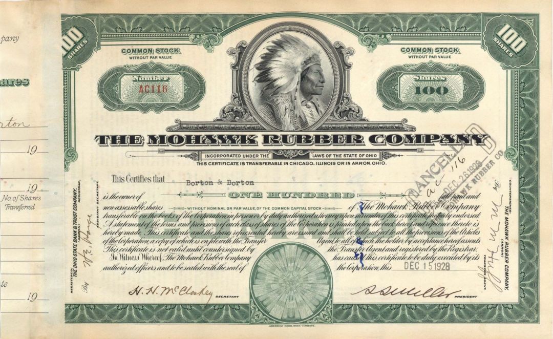 Mohawk Rubber Co. - 1928 dated Stock Certificate