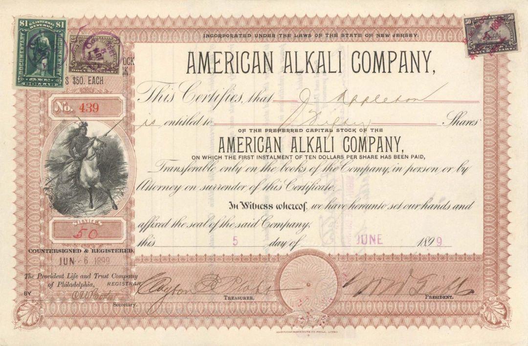 American Alkali Co.  - 1899 dated Stock Certificate