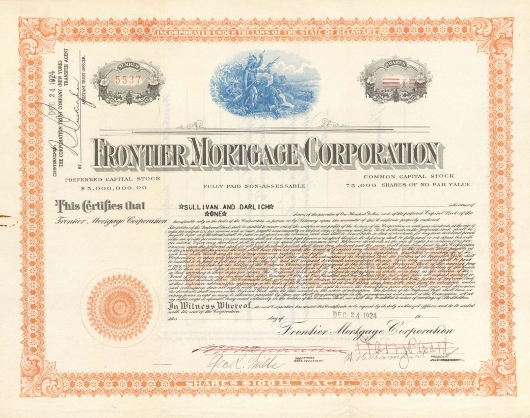 Frontier Mortgage Corp. - 1924 dated Stock Certificate