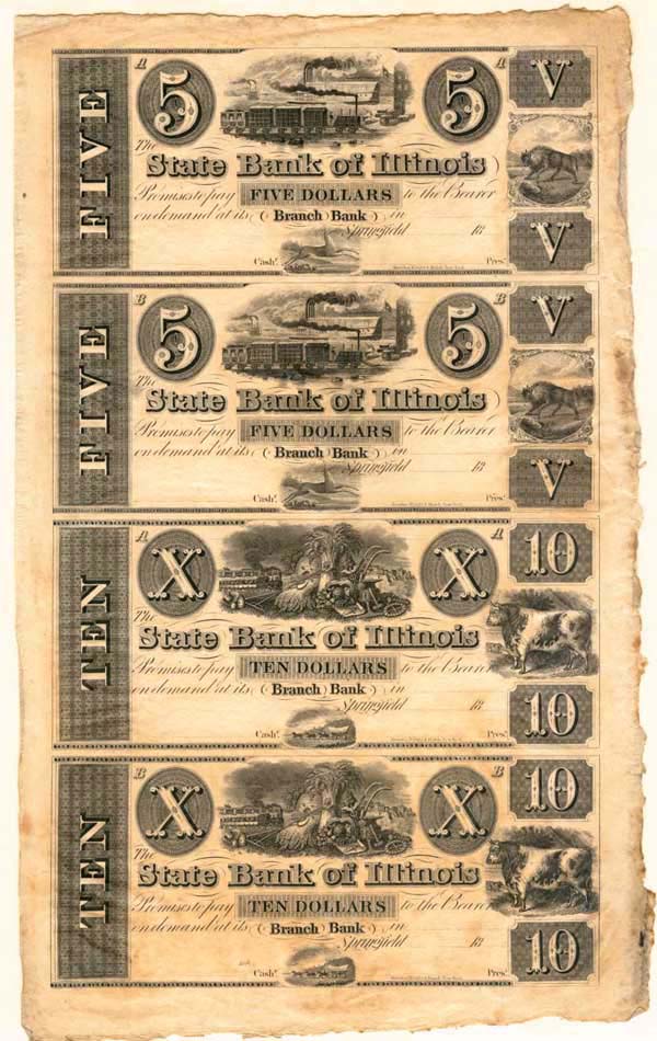 State Bank of Illinois Uncut Obsolete Sheet - Broken Bank Notes