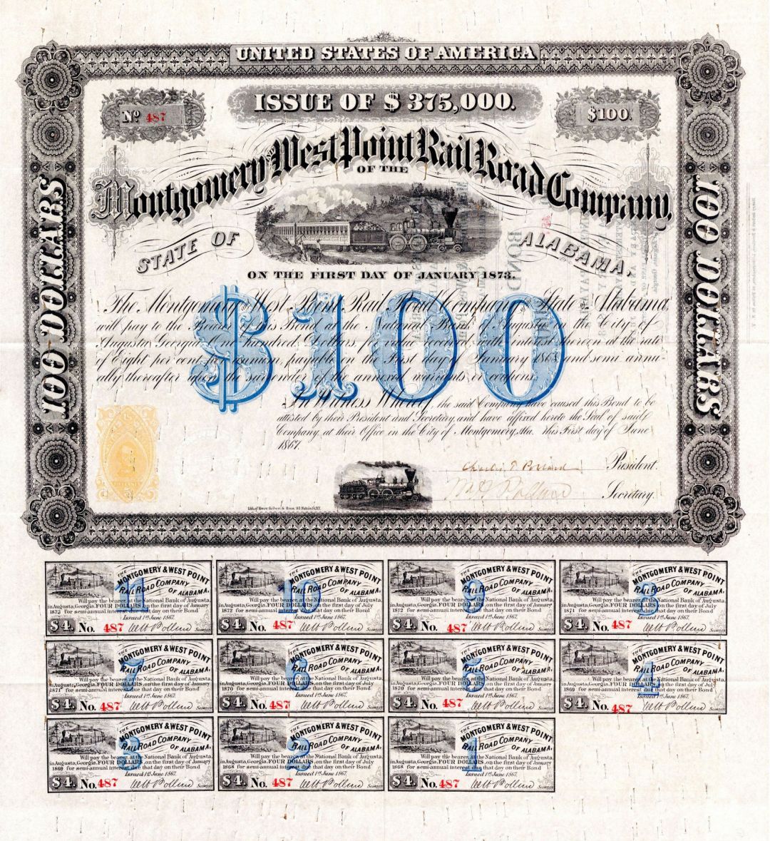 Montgomery and West Point Railroad of the State of Alabama - Various Denominations Bond