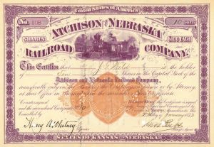 Atchison and Nebraska Railroad Co. - Railway Stock Certificate with Imprinted Revenue - Gorgeous