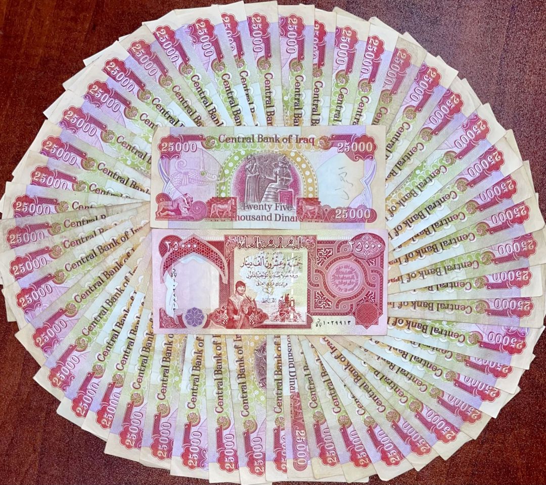 50 Notes of Iraq 25000 Dinar Red Note - Uncirculated to AU Condition and Mixed dates - Group of 50 Foreign Paper Money