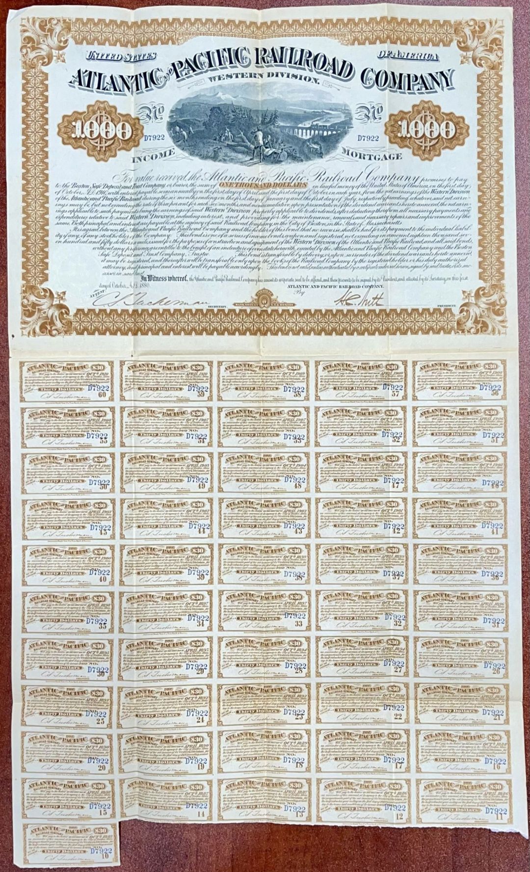 Atlantic and Pacific Railroad Western Division - dated 1880 $1,000 Uncancelled Gold Bond