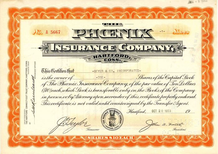 Phoenix Insurance Co. - Stock Certificate