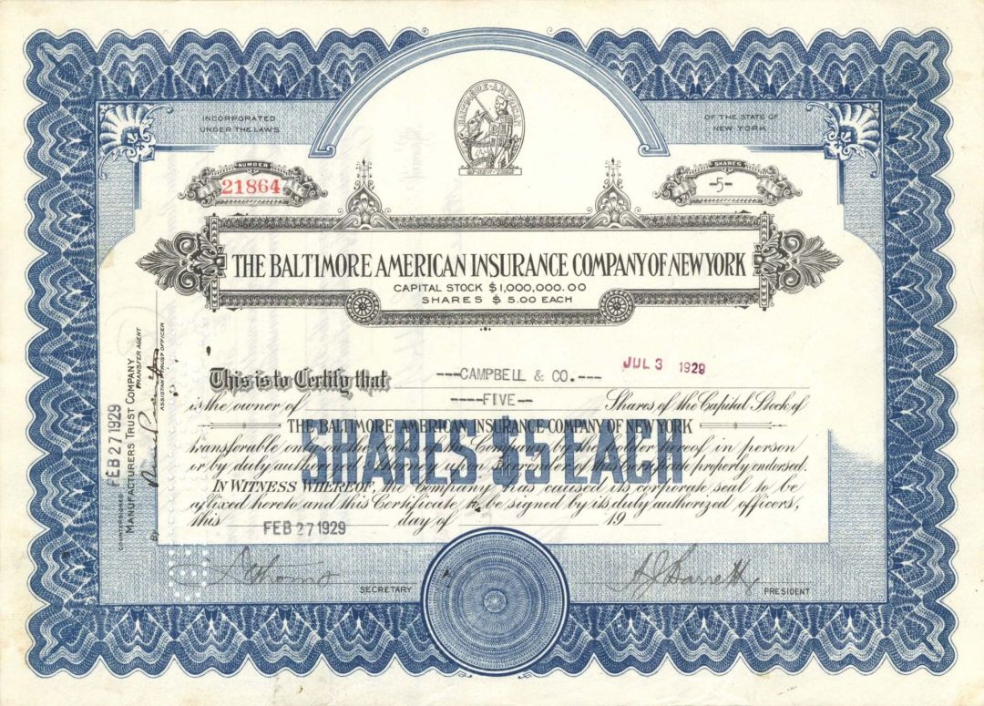 Baltimore American Insurance Co. of New York - 1929 dated Stock Certificate