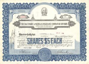 Baltimore American Insurance Co. of New York - 1929 dated Stock Certificate