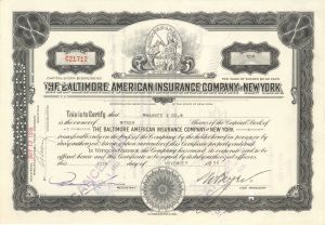 Baltimore American Insurance Co. of New York - Stock Certificate