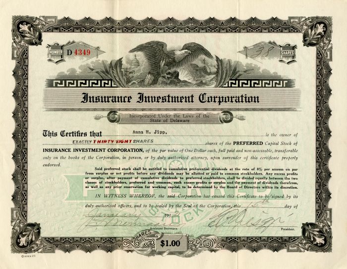 Insurance Investment Corporation - Stock Certificate