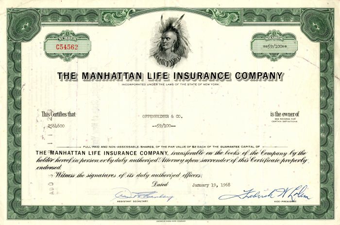 Manhattan Life Insurance Co. - Stock Certificate